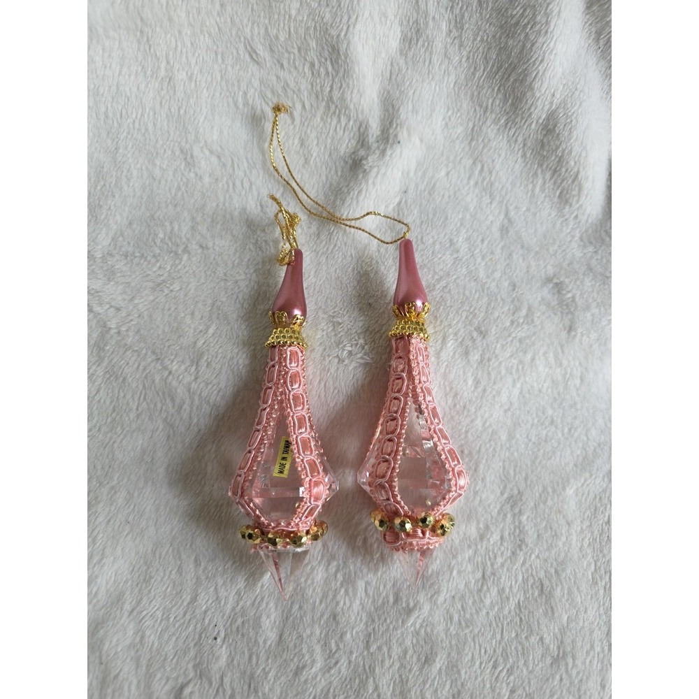 Vintage Pink Lace & Crystal Drop Ornaments–Set of 2 Elegant Hanging Decorations - Picture 2 of 5